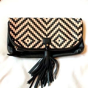 Black and Natural Woven Tassel Clutch
